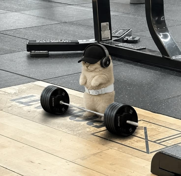 A fluffy cat in a cap and headphones standing next to a barbell in a gym